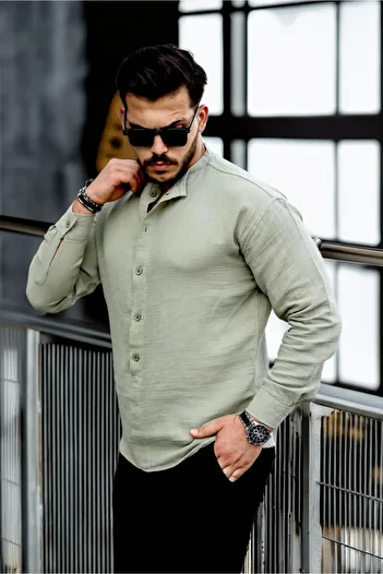 Valiberta Lightweight and Breathable Men's Muslin Half Placket Judge Collar Oversize Shirt - Light Khaki