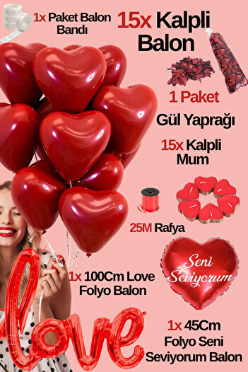 Baloncu Dede 15 Red Heart Balloon Set Love and I Love You Foil Balloon 15 Heart Candle Helium Compatible Lover