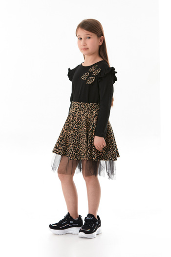 Fulla Moda Leopard Patterned Bow Tulle Girl's Dress