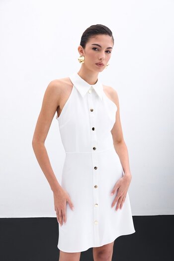 Sateen Snap Fastener Short Dress - Ecru