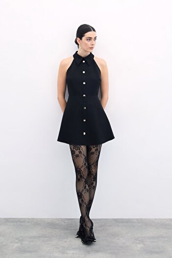 Sateen Snap Fastener Short Dress - Black
