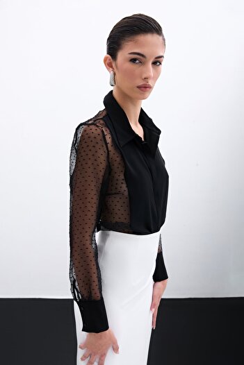 Sateen Organze Detaylı Gömlek - Siyah