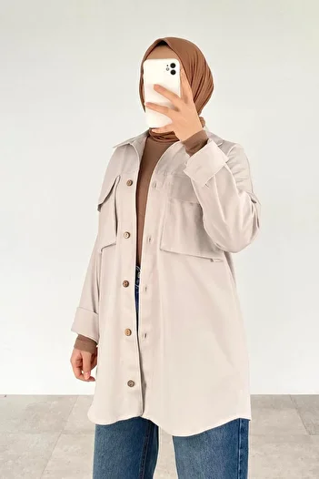 lamelif Gray Closed Two Pocket Plank Button Shirt