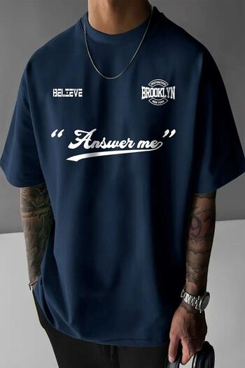 VBSVİBES Answer Me Single Jersey T-Shirt - Navy Blue Printed Oversize Crew Neck Short Sleeve T-Shirt