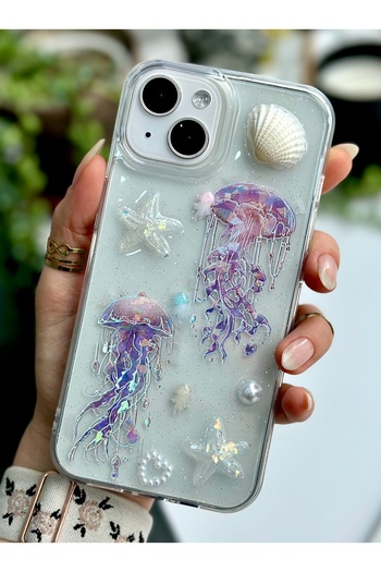 Go Aksesuar Iphone 13 - 14 - 15 Uyumlu Deniz Anası Tasarımlı Şeffaf Simli Epoksili Telefon Kılıfı