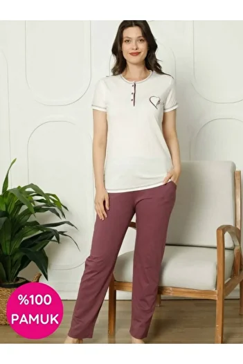 ALİMER Women's Crew Neck 3 Button 100% Cotton Combed Cotton Short Sleeve Pocket Pajama Set