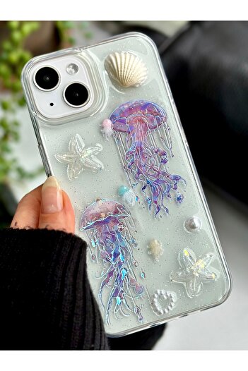 Go Aksesuar Transparent Glitter Epoxy Phone Case with Jellyfish Design Compatible with iPhone 13 - 14 - 15