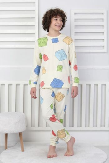 Yağmur Giyim İsob Ecru Patterned 100% Cotton Boys' Long Sleeve Pajama Set 8-13 Years 41505-E