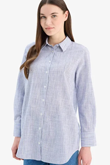 DeFacto Striped Flared Cotton Shirt - Regular Fit Long Sleeve, Tunic E6912Ax25Sp