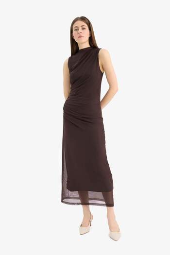 DeFacto Bodycon Body-Hugging Half Turtleneck Basic Plain Tulle Sleeveless Maxi Evening Dress C3519Ax25Sp