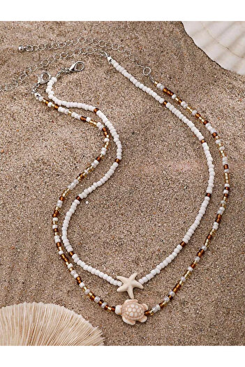 Stoneday Squeeze Cream Turquoise Tipped Turtle Star Sand Bead Summer Necklace Set