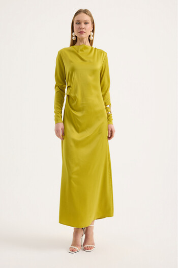 Birgül Bektaş Oil Green Satin Drape Dress