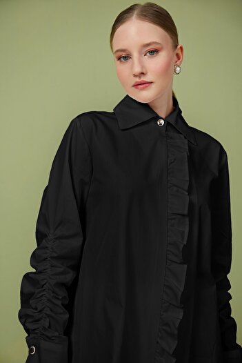 Birgül Bektaş Poplin Tunic - Black Ruffle Detailed