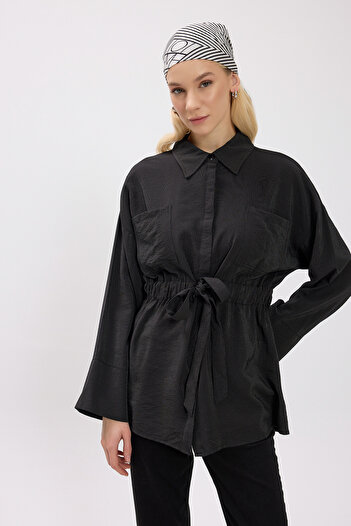 Birgül Bektaş Black Double Pocket Tie-Up Shirt