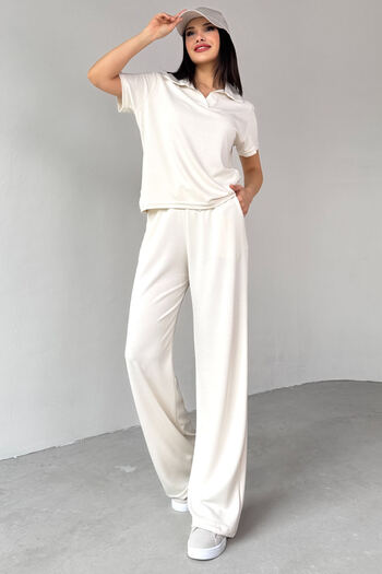 Cappmoda Tkm-03690 Ecru Polo Neck Blouse Loose Trousers Double Set
