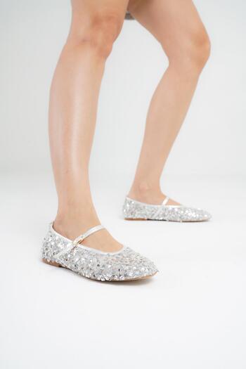 Beyond Women's Silver Sequin Banded Low Heeled Ballerinas Byndkp3208