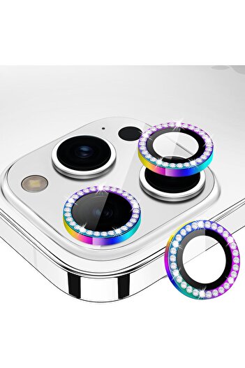 AWH iPhone 15 Pro/Pro Max Camera Lens Protector, Bling Metal Diamond Ring 9H Scratchproof (Rainbow)