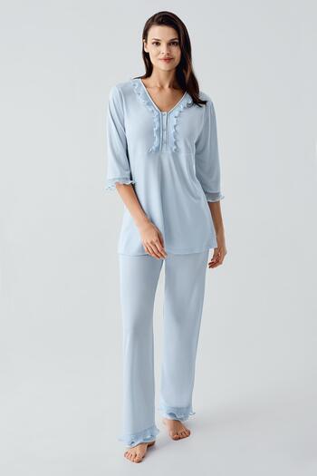 Artış Three Quarter Sleeve Lace Buttoned Flexible Viscose Pajama Set