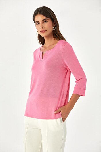 İKİLER Mini Placket Round Neck Three Quarter Sleeve Blouse - 024-1016