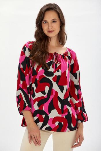 İKİLER Patterned Blouse with Lace-up Collar and Elastic Sleeves 234-3003