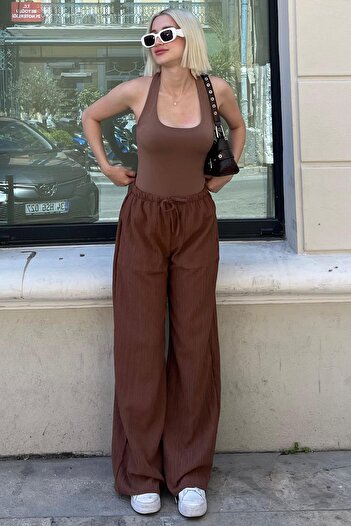 Madmext Brown Pocketed Wide Leg Women's Trousers MG1882