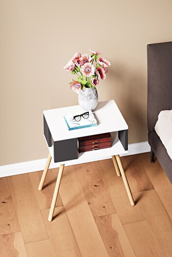 interGO Nightstand With Wooden Legs, Decorative - White / Gray