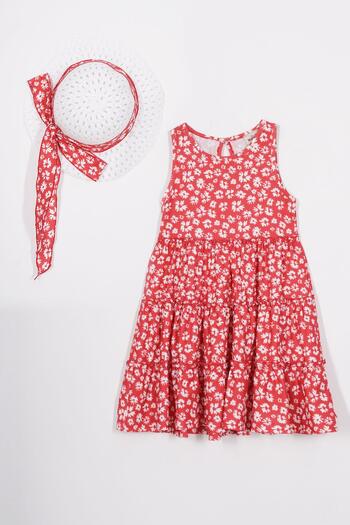 zepkids Crew Neck Floral Patterned Red Color Girl's Dress with Hat Accessories