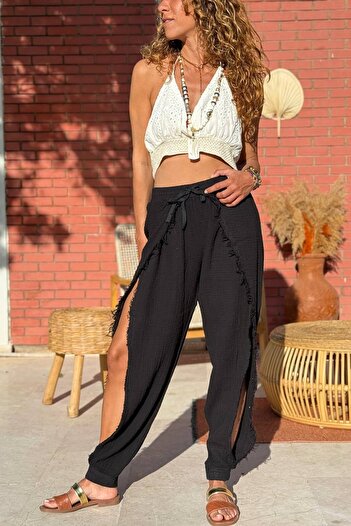 Güneşkızı Black Slit Dirty Stitched Elastic Waist Elastic Leg Muslin Woven Trousers 95 30