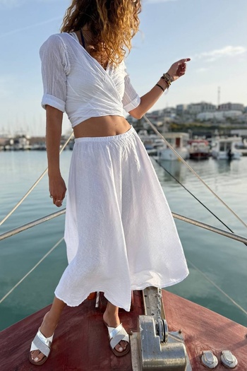 Güneşkızı Italian White Elastic Waist Linen Woven Flared Skirt 90 80