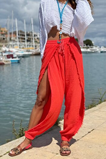 Güneşkızı Coral Slit, Dirty Stitched Elastic Waist, Elastic Leg, Muslin Woven Trousers 95 30
