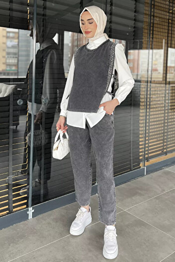 julude Anthracite Side Tie Stone Detailed Denim Vest Shirt Trousers Jean Hijab Triple Set