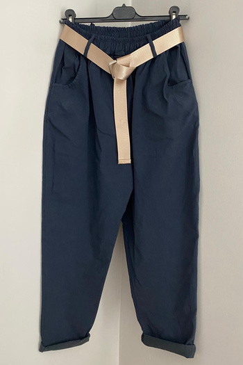 AYASOFYA OTANTIK Women's Italian Blue Elastic Waist Shiny Buckle, Belted Plain Pattern, Loose Carrot Leg Trousers