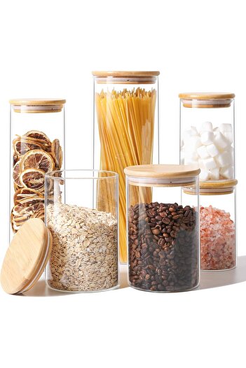 Home Zone Set of 6, Clear Glass Storage Containers with Lids, for the kitchen, Pasta, Flour, Nuts, Oat, Coffee