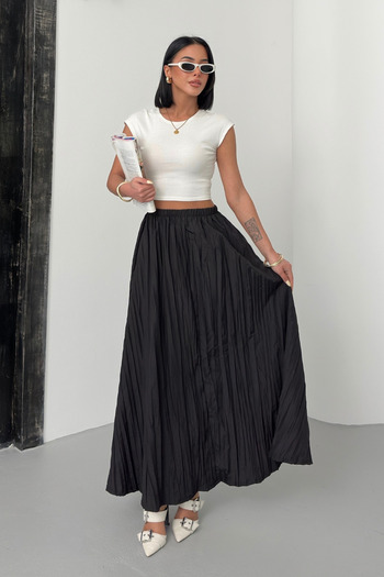 Bipantolon Women's Black Crush Effect Long Flared Skirt