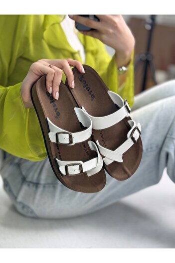 İmerShoes Single Flip Flop Women's White Slippers Comfortable Orthopedic Cork Sole Adjustable Metal Buckle 34147