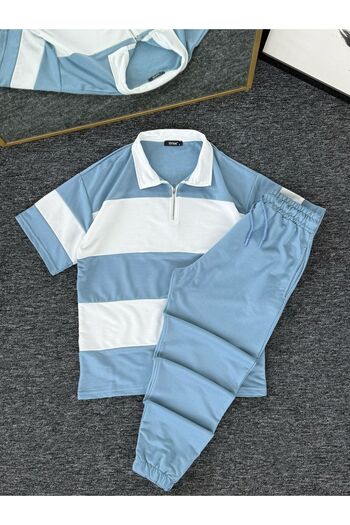 Altamira Σετ αθλητικής φόρμας Baby Boy μπλε ριγέ Oversize με μισό φερμουάρ και ελαστικά πόδια