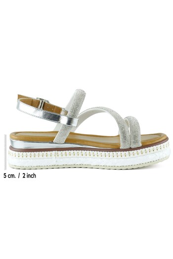 Erkan Saçmacı Silver Three-Striped Stone Pearl Detailed Zigzag Braided Platform Sandals