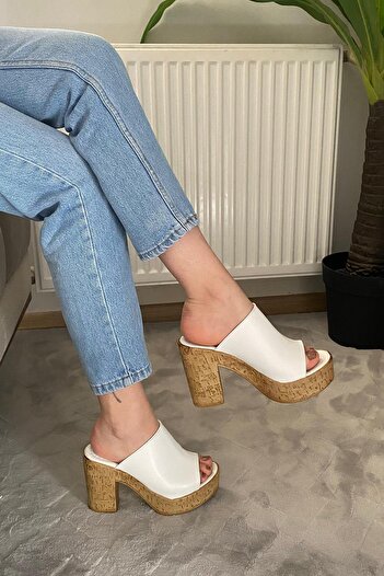 Preshley Women's Platform Heeled Cork Sole Slippers K-850 10 cm