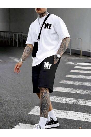 SELENA BUTİK Unisex Ny White T-Shirt Black Shorts Top Bottom 2 Piece Set