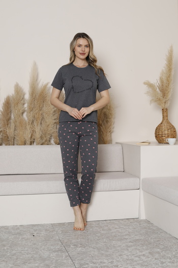 FAMES PİJAMA Summer Heart Patterned Short Sleeve Women's Pajama Set