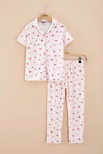 Cansın Mini Pink Striped Heart Patterned Girl's Short Sleeve Pajama Set with Eye Patch 20567