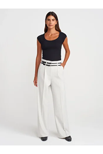 Dilvin 71655 Belted High Waist Pants-Light Gray