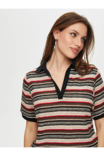 Faik Sönmez Polo Neck Sequined Striped Knitted Blouse Faik Sönmez