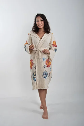 Makro Trend Peshtemal Bathrobe Cotton Beach Mixed Coral Sea Star Pattern 1 Piece Unisex Beachwear Kimono Kaftan