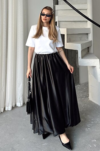 Olcay Elastic Waist Balloon Satin Skirt Black 7058
