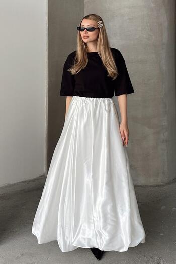 Olcay White Balloon Satin Skirt with Elastic Waist 7058