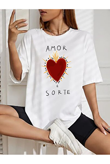 SUNFREE Popular Trend Amor Printed Loose Fit White Women's T-Shirt