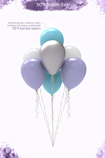 Hey Parti Frunzelo Elsa Themed Balloon Set 12 ", Metallic Silver, Blue and Lilac Macarons - 50 Pcs