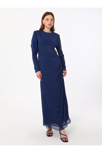 Refka Chiffon Gather Detailed Hijab Dress - Navy Blue - Refka