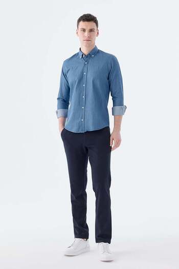 Jakamen Navy Blue Slim Fit Pocket Button Collar 100% Cotton Shirt